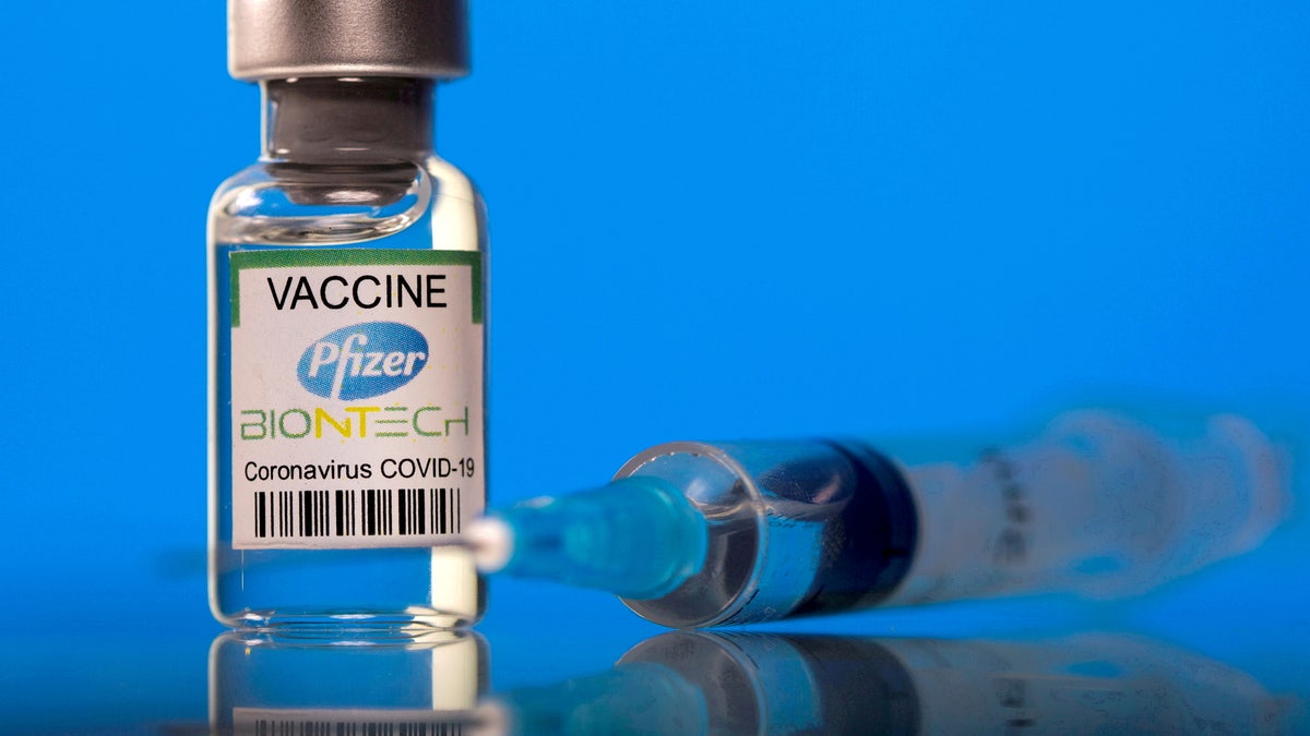 FILE PHOTO: A vial labelled with the Pfizer-BioNTech coronavirus disease (COVID-19) vaccine is seen in this illustration picture taken March 19, 2021. REUTERS/Dado Ruvic/File Photo/File Photo