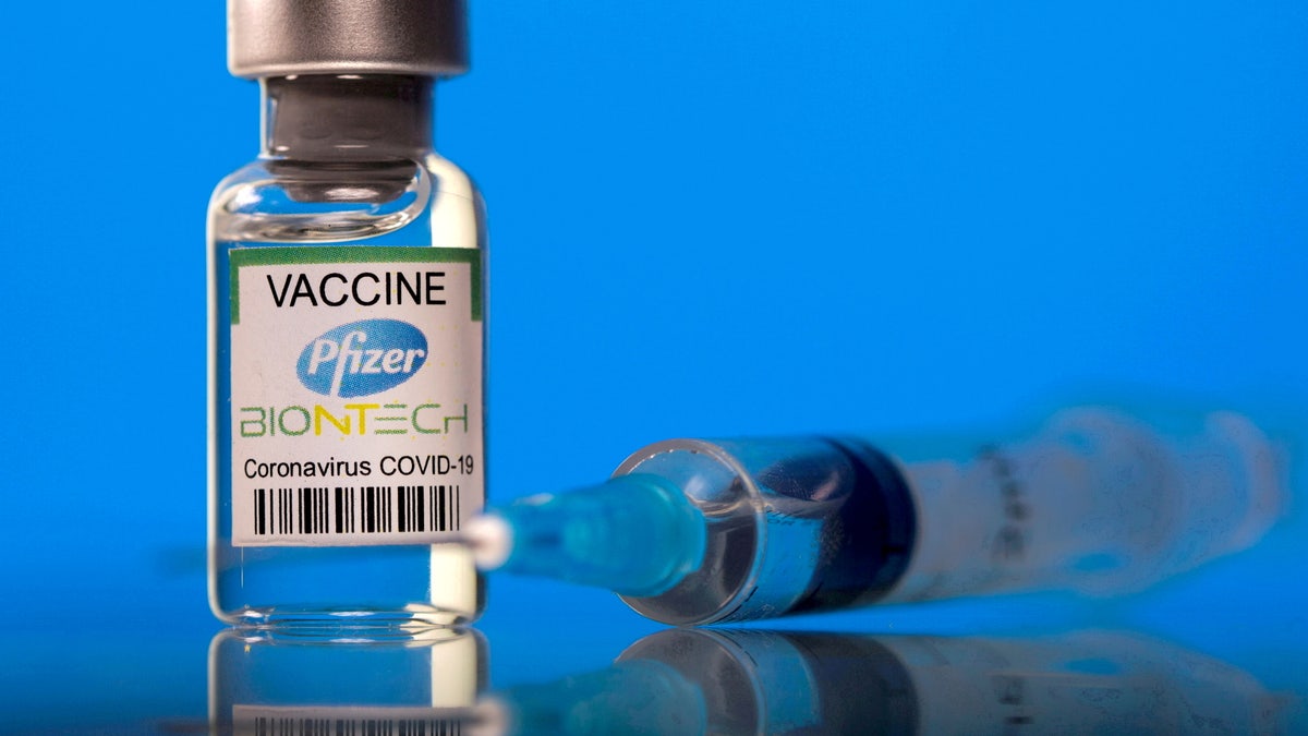 FILE PHOTO: A vial labelled with the Pfizer-BioNTech coronavirus disease (COVID-19) vaccine is seen in this illustration picture taken March 19, 2021. REUTERS/Dado Ruvic/File Photo/File Photo