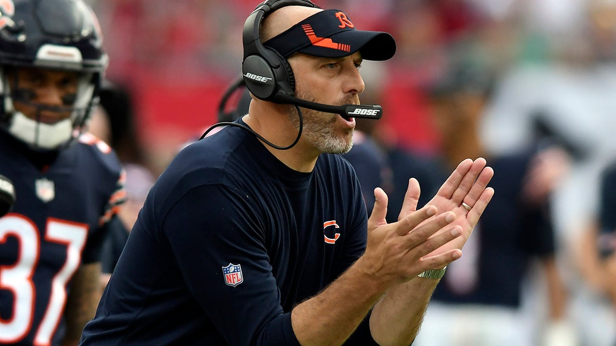 Chicago Bears head coach Matt Nagy reacts during the first half of an NFL football game against the Tampa Bay Buccaneers Sunday, Oct. 24, 2021, in Tampa, Fla.