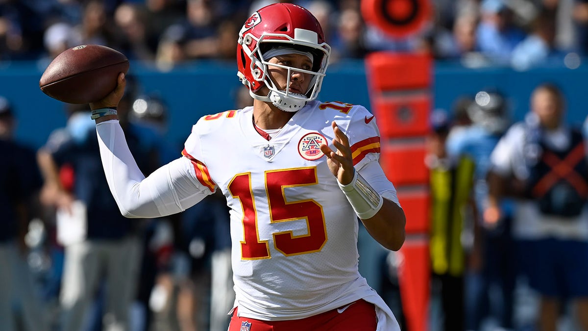 Kansas City Chiefs quarterback Patrick Mahomes passes against the Tennessee Titans in the first half of an NFL football game Sunday, Oct. 24, 2021, in Nashville, Tennessee.