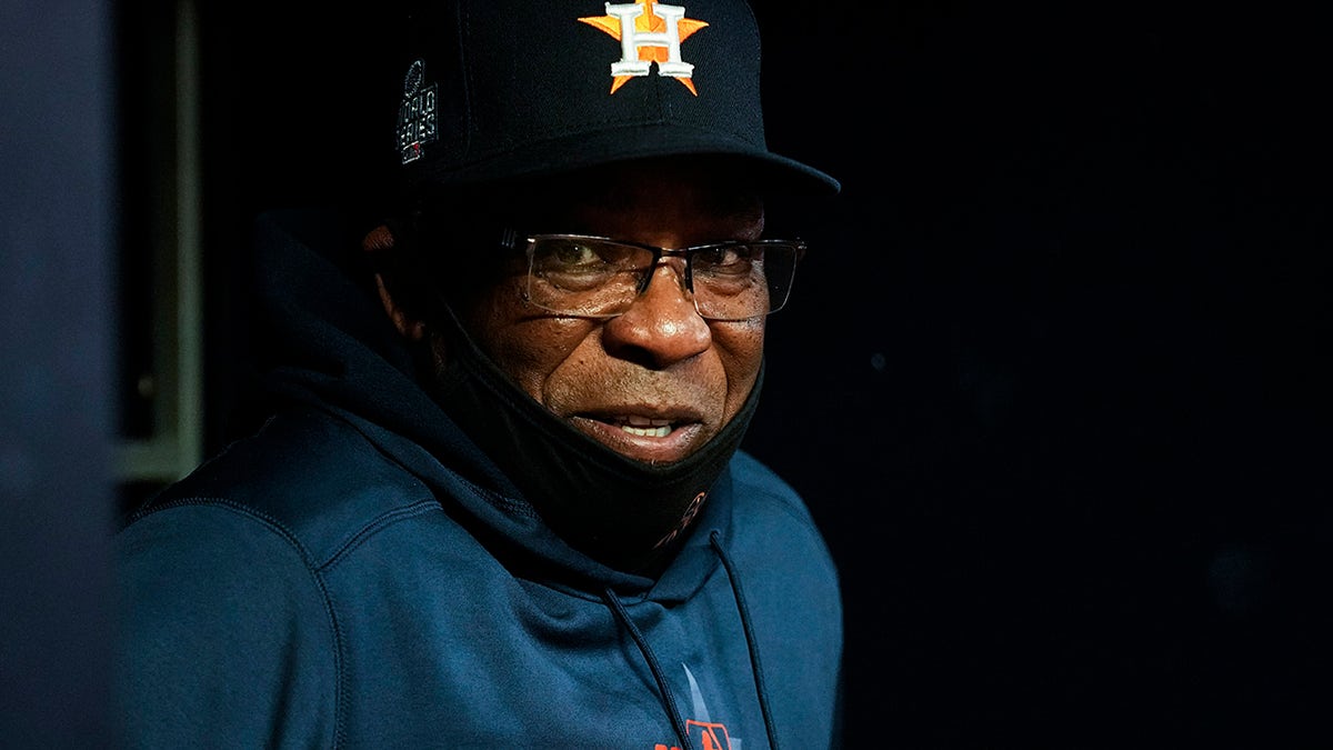 Houston Astros manager Dusty Baker Jr. waits for the start of Game 4 of baseball's World Series between the Astros and the Atlanta Braves Saturday, Oct. 30, 2021, in Atlanta.