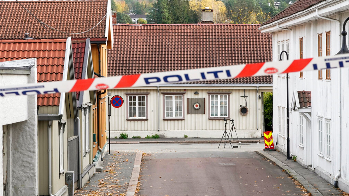 The cordoned-off area of the scene involved in the bow and arrow attack, in Kongsberg, Norway, Friday, Oct. 15, 2021.