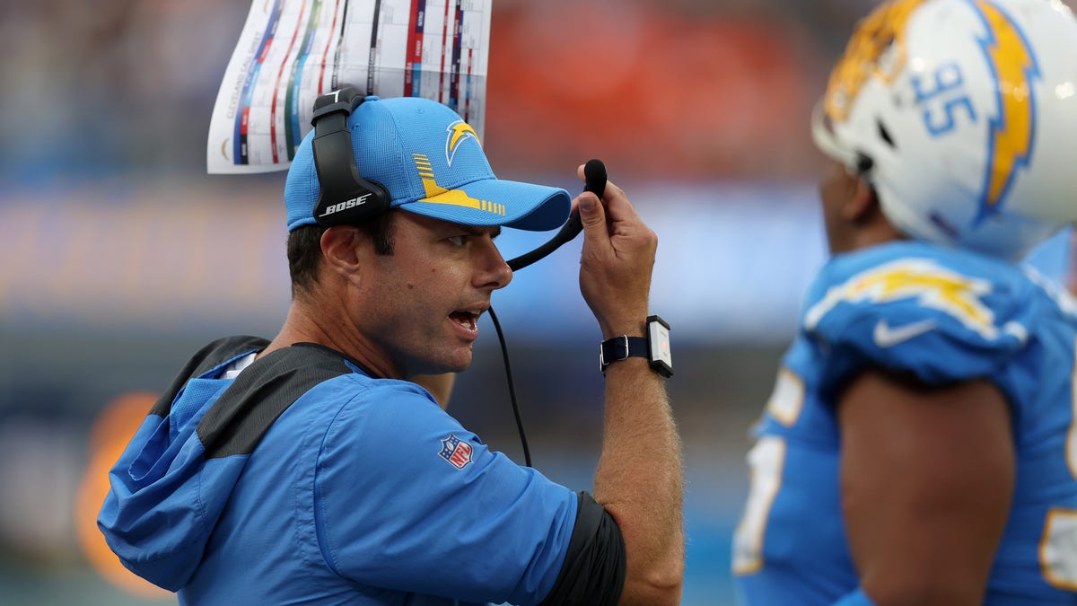 Head coach Brandon Staley of the Los Angeles Chargers calls a play during the fourth quarter against the Cleveland Browns at SoFi Stadium on October 10, 2021 in Inglewood, California.
