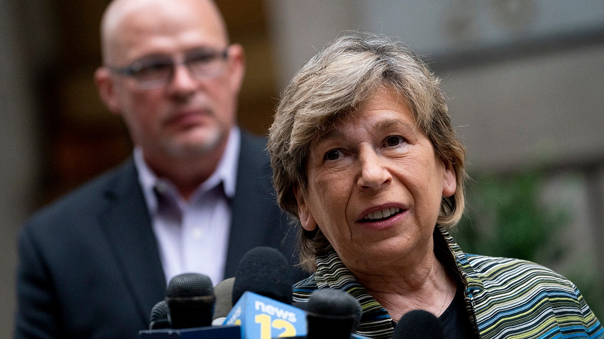 Randi Weingarten speaks to the press