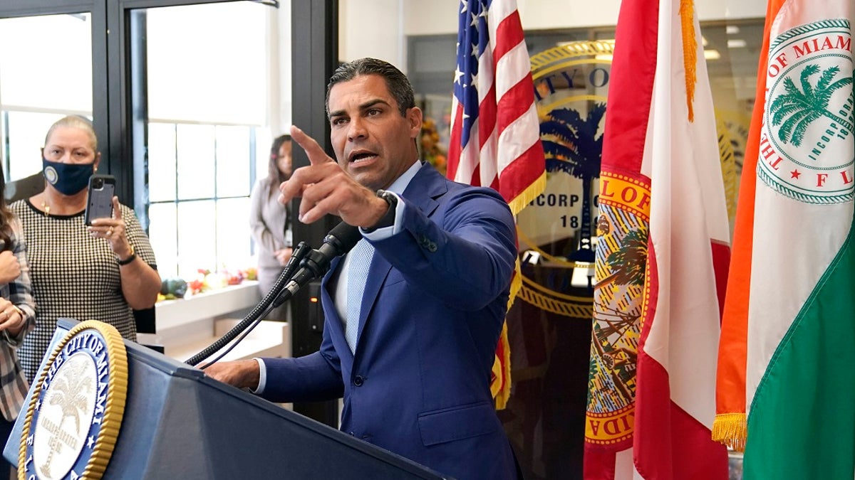 Miami Mayor Francis Suarez speaks during a news conference at Miami City Hall on Tuesday. Suarez took questions on Miami police Chief Art Acevedo who was suspended with the intention of firing after a tumultuous six-month tenure. (AP Photo/Lynne Sladky)