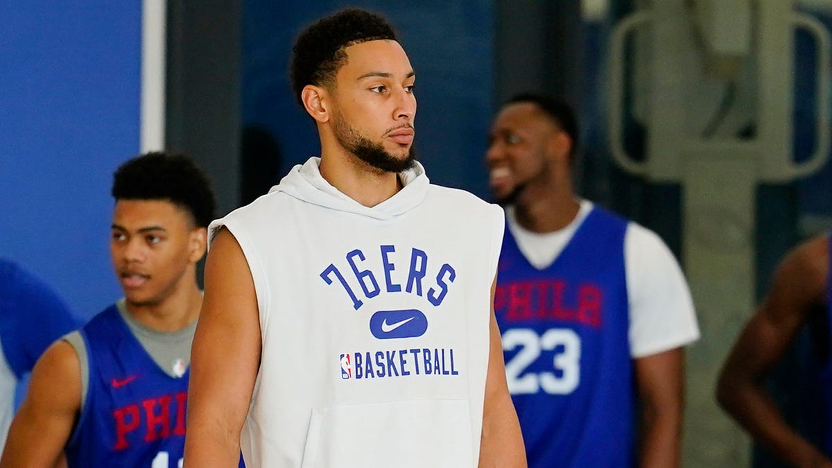 Philadelphia 76ers' Ben Simmons takes part in a practice at the NBA basketball team's facility, Monday, Oct. 18, 2021, in Camden, New Jersey. (AP Photo/Matt Rourke)
