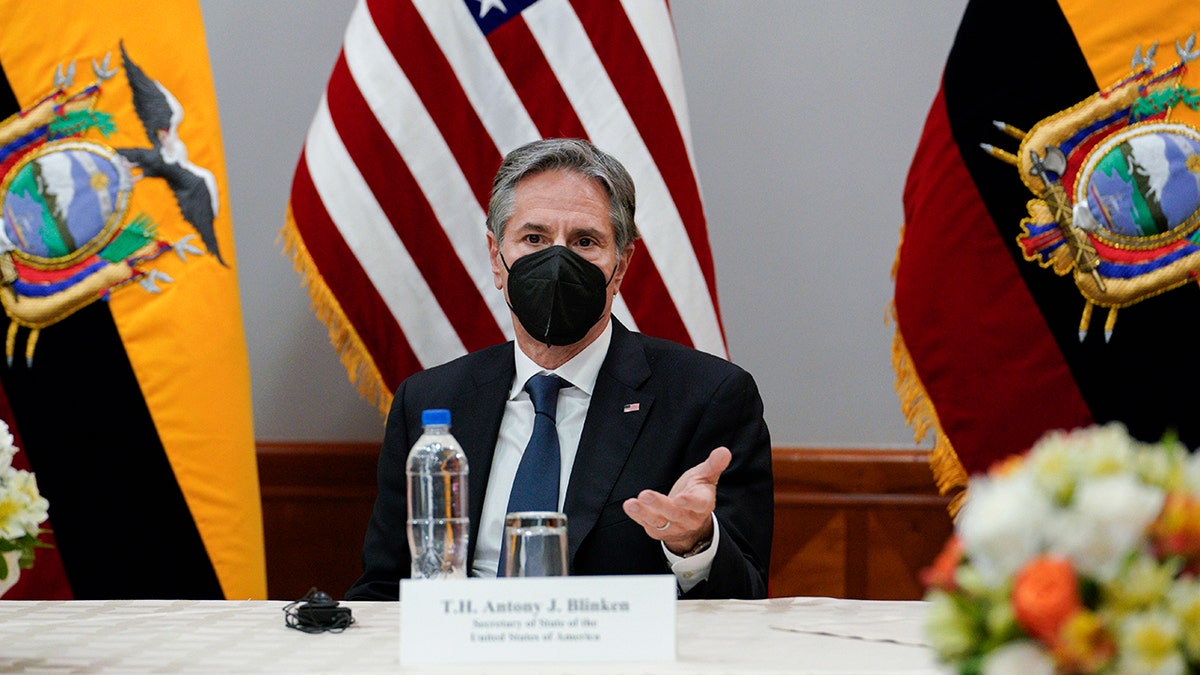 U.S. Secretary of State Antony Blinken speaks during a meeting with Human Rights organizations and civil society in Quito, Ecuador, Tuesday, Oct. 19, 2021. (Santiago Arcos/Pool via AP)