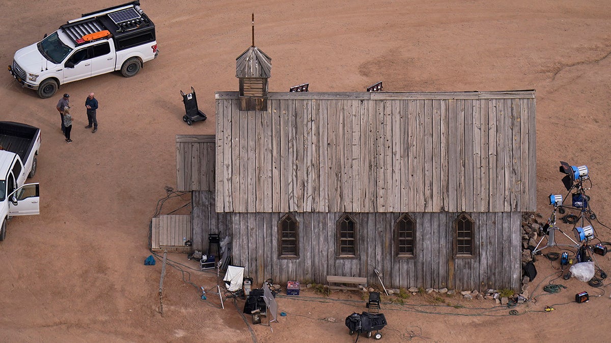 This aerial photo shows the church where the shooting occurred on the Bonanza Creek Ranch in Santa Fe, N.M., Saturday, Oct. 23, 2021. 