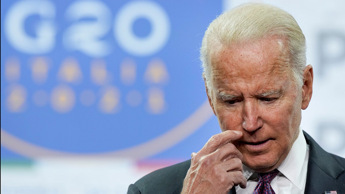 U.S. President Joe Biden speaks during a press conference at the La Nuvola conference center for the G20 summit in Rome, Sunday, Oct. 31, 2021. Leaders of the world's biggest economies made a compromise commitment Sunday to reach carbon neutrality "by or around mid-century" as they wrapped up a two-day summit that was laying the groundwork for the U.N. climate conference in Glasgow, Scotland. (AP Photo/Andrew Medichini)