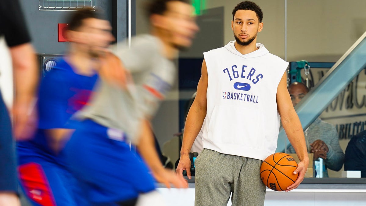 Philadelphia 76ers' Ben Simmons takes part in a practice at the NBA basketball team's facility, Monday, Oct. 18, 2021, in Camden, New Jersey.