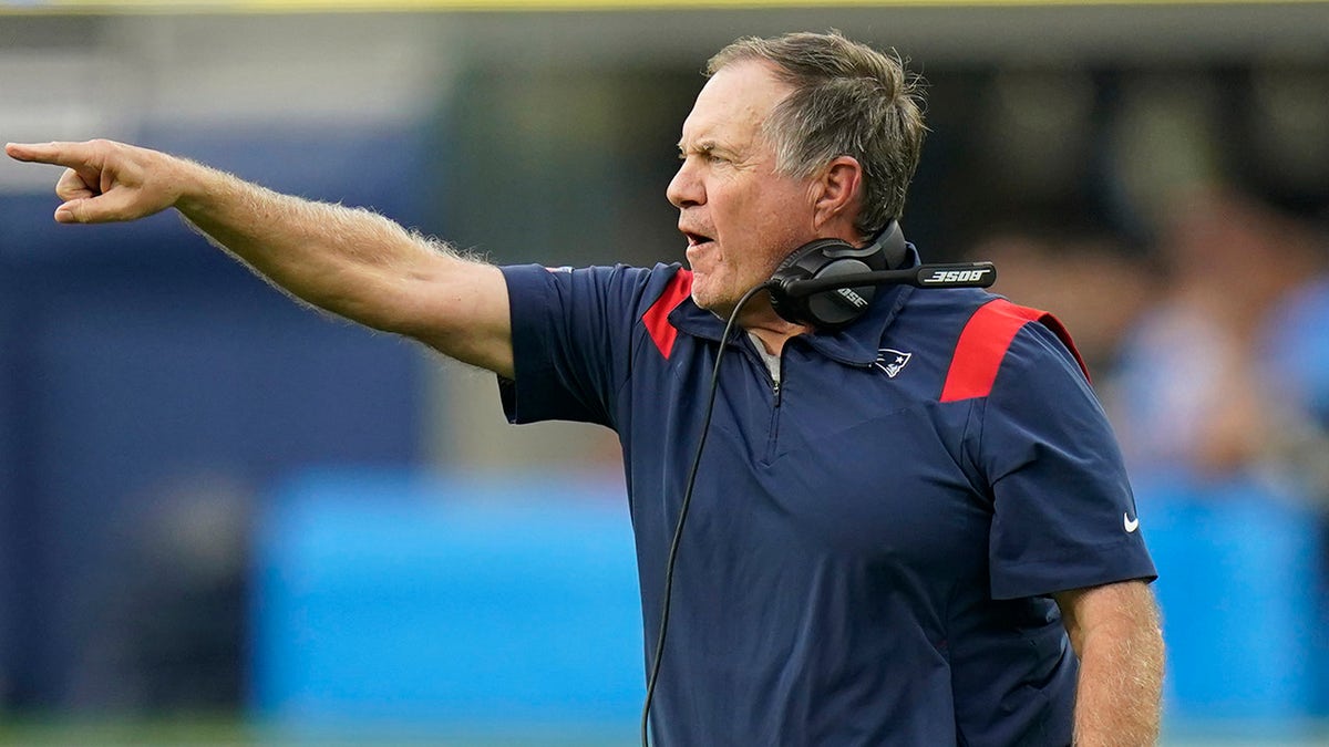 New England Patriots head coach Bill Belichick gives instructions from the sideline during the second half of an NFL football game against the Los Angeles Chargers Sunday, Oct. 31, 2021, in Inglewood, Calif.
