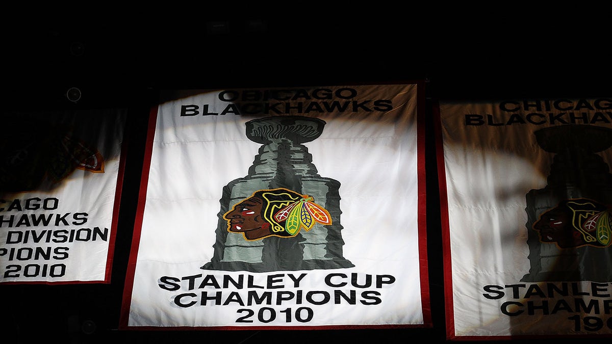 The 2010 Stanley Cup Championship banner during a ceremony before the Chicago Blackhawks' season home-opening game against the Detroit Red Wings at the United Center on Oct. 9, 2010, in Chicago, Illinois.
