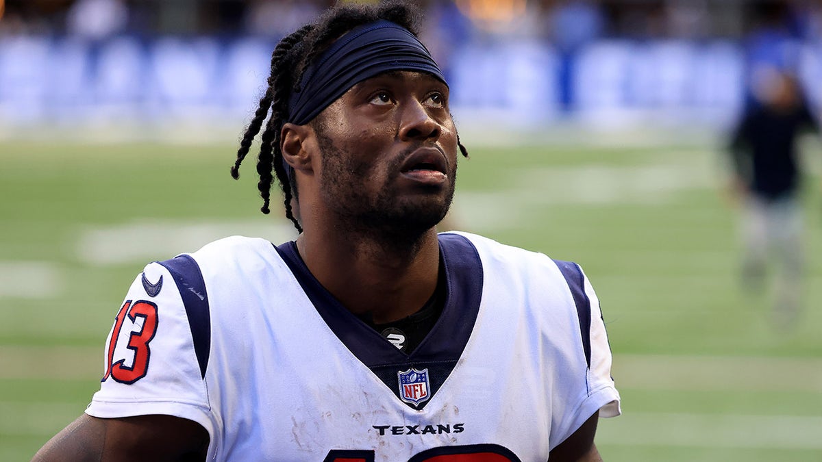 Brandin Cooks of the Houston Texans walks off the field after a loss to the Indianapolis Colts at Lucas Oil Stadium on October 17, 2021 in Indianapolis, Indiana.