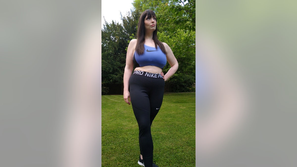 Though she started some at-home workouts, she also realized she had to change her diet, but that social media -- with ads and posts about unhealthy snacks -- was hindering her progress. Finn is pictured in June 2021, when she weighed 156 pounds. (SWNS)