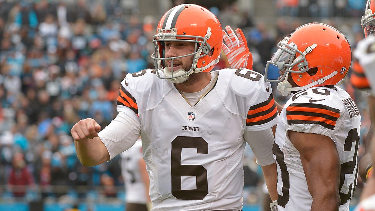 Brian Hoyer #6 of the Cleveland Browns celebrates after throwing for a touchdown against the Carolina Panthers during their game at Bank of America Stadium on Dec. 21, 2014, in Charlotte, North Carolina. The Panthers won 17-13.