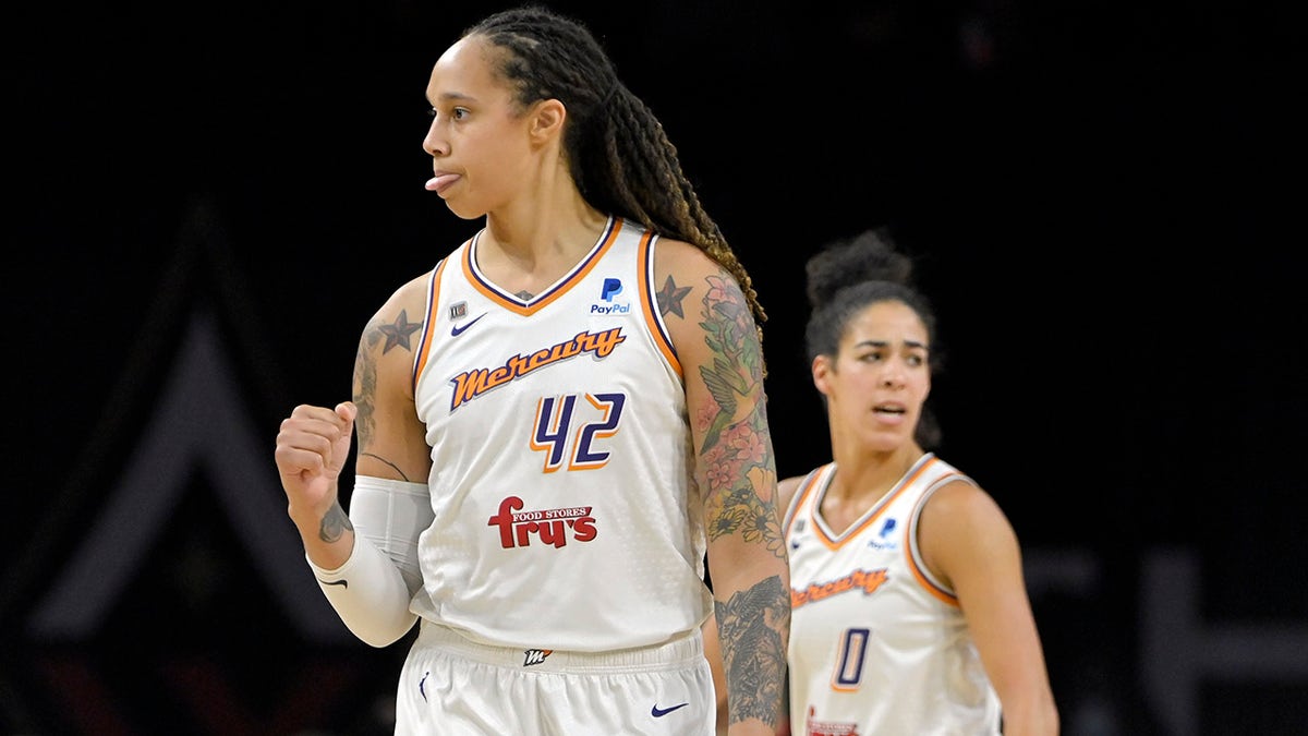 Phoenix Mercury center Brittney Griner (42) reacts after a basket against the Las Vegas Aces during the second half of Game 2 in the semifinals of the WNBA playoffs Thursday, Sept. 30, 2021, in Las Vegas.