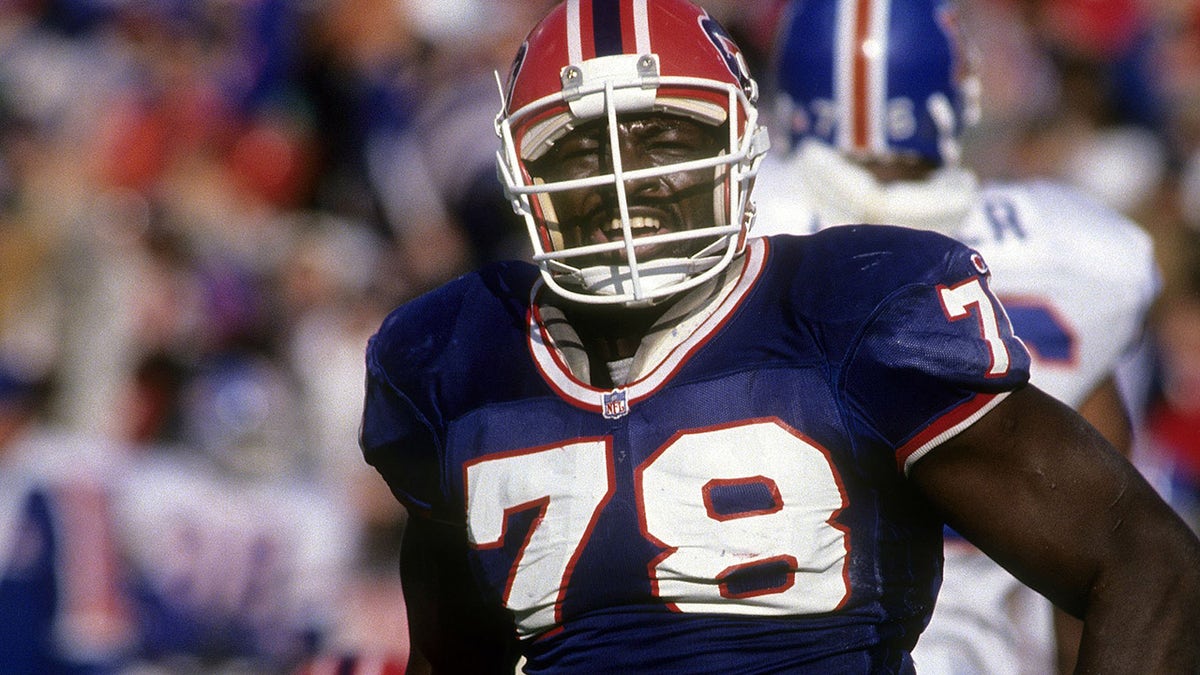 Bruce Smith of the Buffalo Bills in action against the Denver Broncos in the early 1990s at Rich Stadium in Buffalo, New York. Smith played for the Bills from 1985-99.