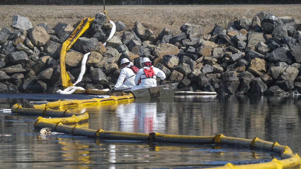 Crews deploy skimmers and floating barriers known as booms to try to stop further incursion into the Wetlands Talbert Marsh in Huntington Beach, Calif., on Sunday. (AP)