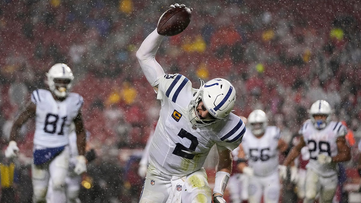 Indianapolis Colts quarterback Carson Wentz (2) celebrates after scoring against the San Francisco 49ers during the first half of an NFL football game in Santa Clara, Calif., Sunday, Oct. 24, 2021.