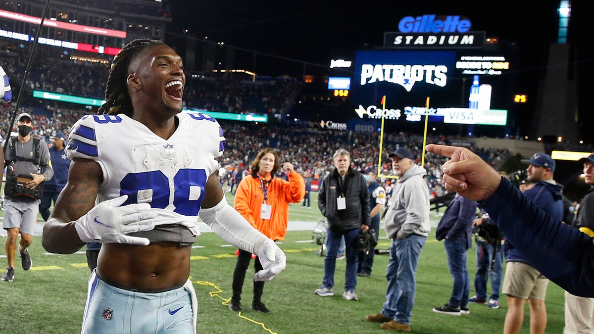 Dallas Cowboys wide receiver CeeDee Lamb celebrates after defeating the New England Patriots in overtime Sunday, Oct. 17, 2021, in Foxborough, Massachusetts.