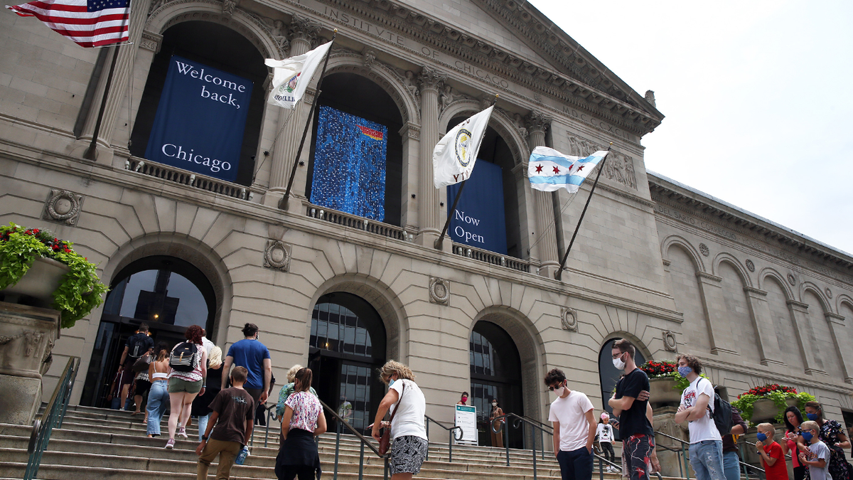 The Art Institute of Chicago declares that it is "located on the traditional unceded homelands of the Council of the Three Fires." FILE: People line up outside the Art Institute of Chicago as the museum re-opens on Thursday, July 30, 2020, in Chicago. (Terrence Antonio James/Chicago Tribune/Tribune News Service via Getty Images)