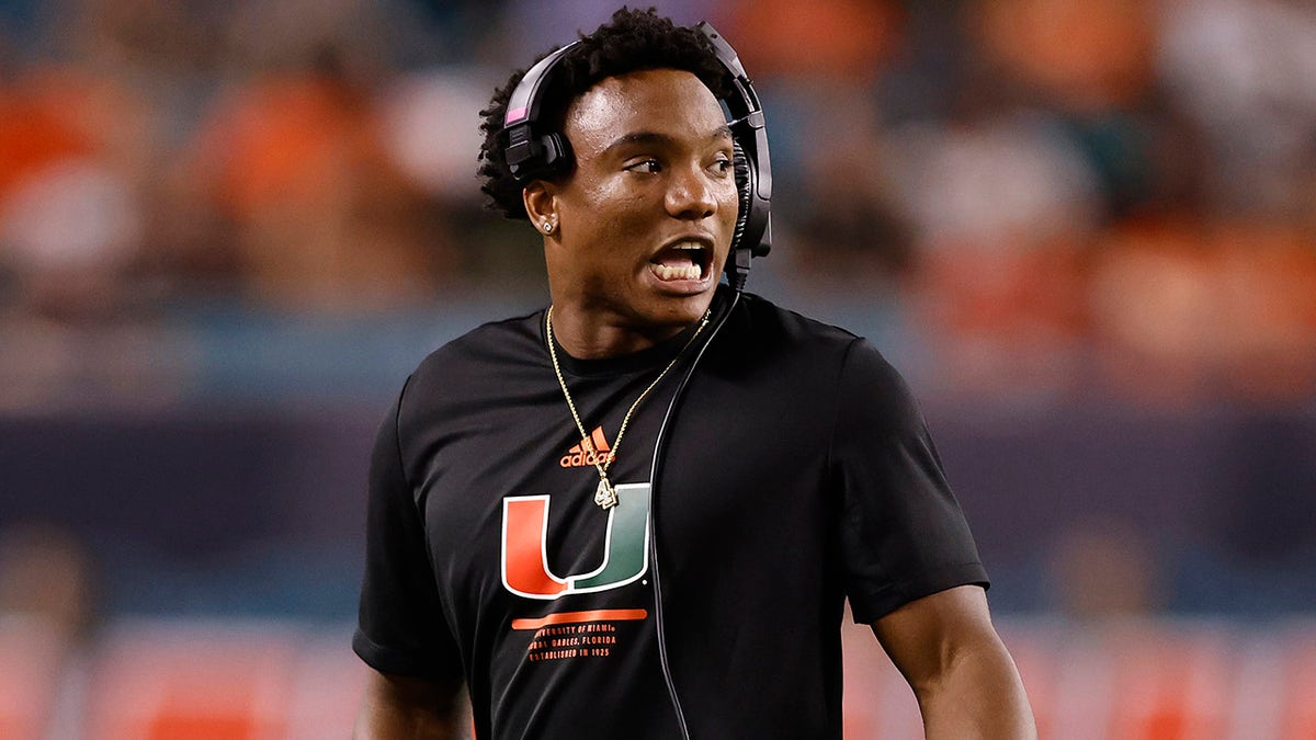 D'Eriq King #1 of the Miami Hurricanes looks on from the sideline during the first half against the Virginia Cavaliers at Hard Rock Stadium on September 30, 2021 in Miami Gardens, Florida. D'Eriq King is out of the game with a shoulder injury.