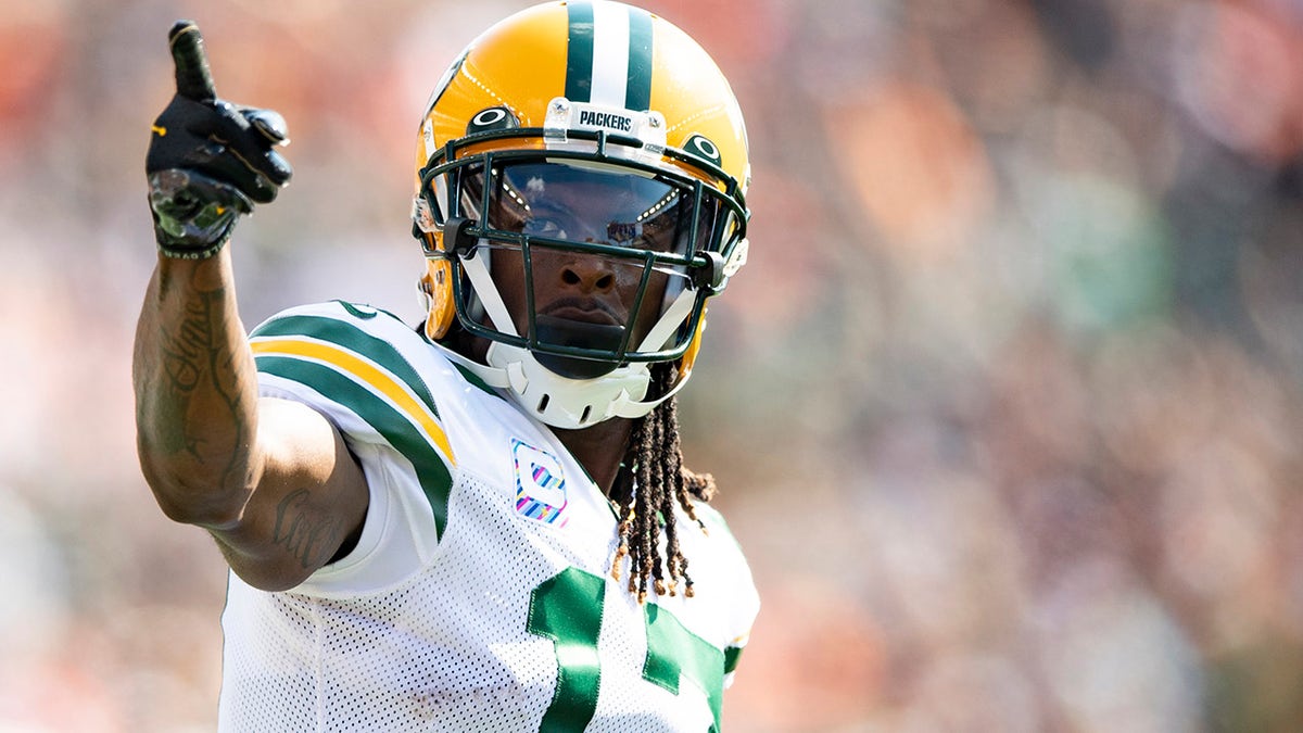 Green Bay Packers wide receiver Davante Adams reacts during an NFL football game against the Cincinnati Bengals, Sunday, Oct. 10, 2021, in Cincinnati. Adams is on pace to accumulate more catches and yards receiving than he did last year while earning All-Pro honors.