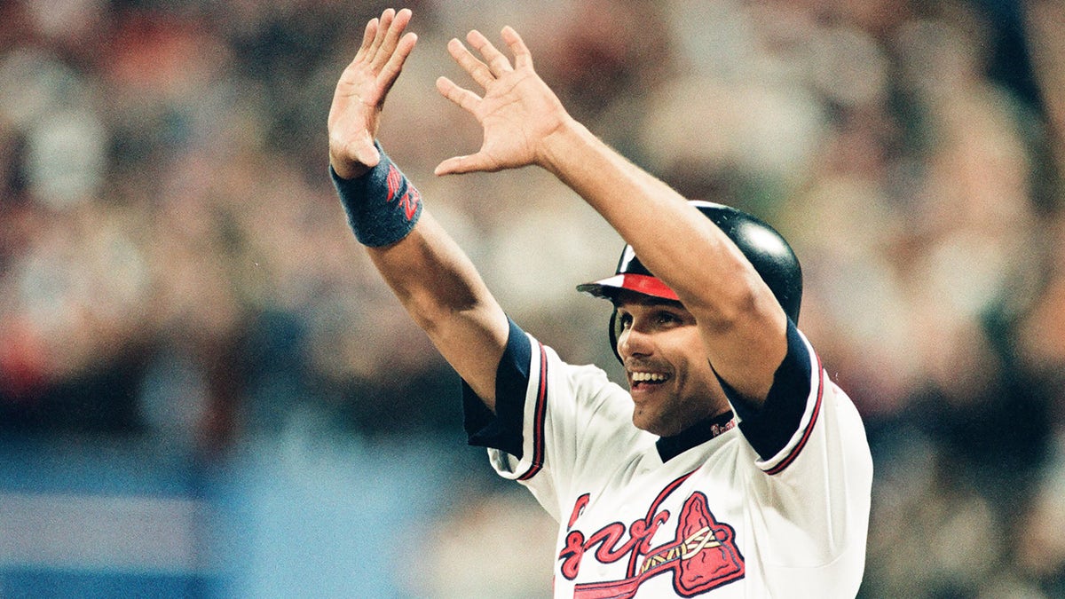 David Justice of the Atlanta Braves during Game Two of the World Series against the Cleveland Indians on Oct. 22, 1995 at Atlanta-Fulton County Stadium in Atlanta, Georgia.