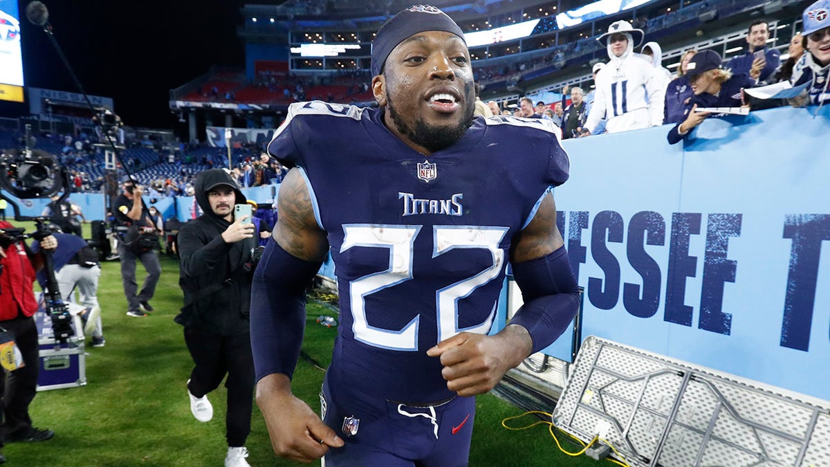 Tennessee Titans running back Derrick Henry leaves the field after the Titans beat the Buffalo Bills 34-31 in an NFL football game Monday, Oct. 18, 2021, in Nashville, Tenn.