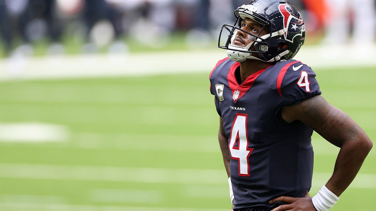 Deshaun Watson #4 of the Houston Texans reacts to a penalty in the second quarter during their game against the New England Patriots at NRG Stadium on Nov. 22, 2020 in Houston, Texas.