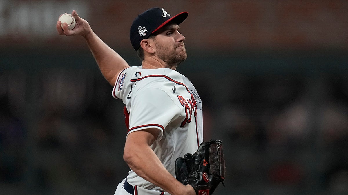 Atlanta Braves starting pitcher Dylan Lee throws during the first inning in Game 4 of baseball's World Series between the Houston Astros and the Atlanta Braves Saturday, Oct. 30, 2021, in Atlanta.