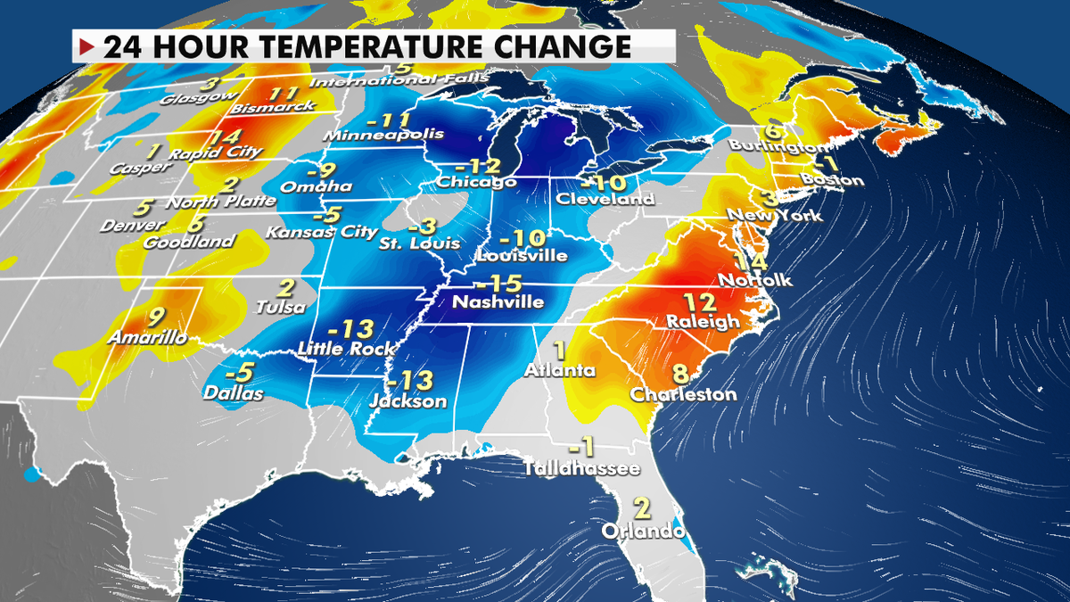 24-hour temperature change in the East