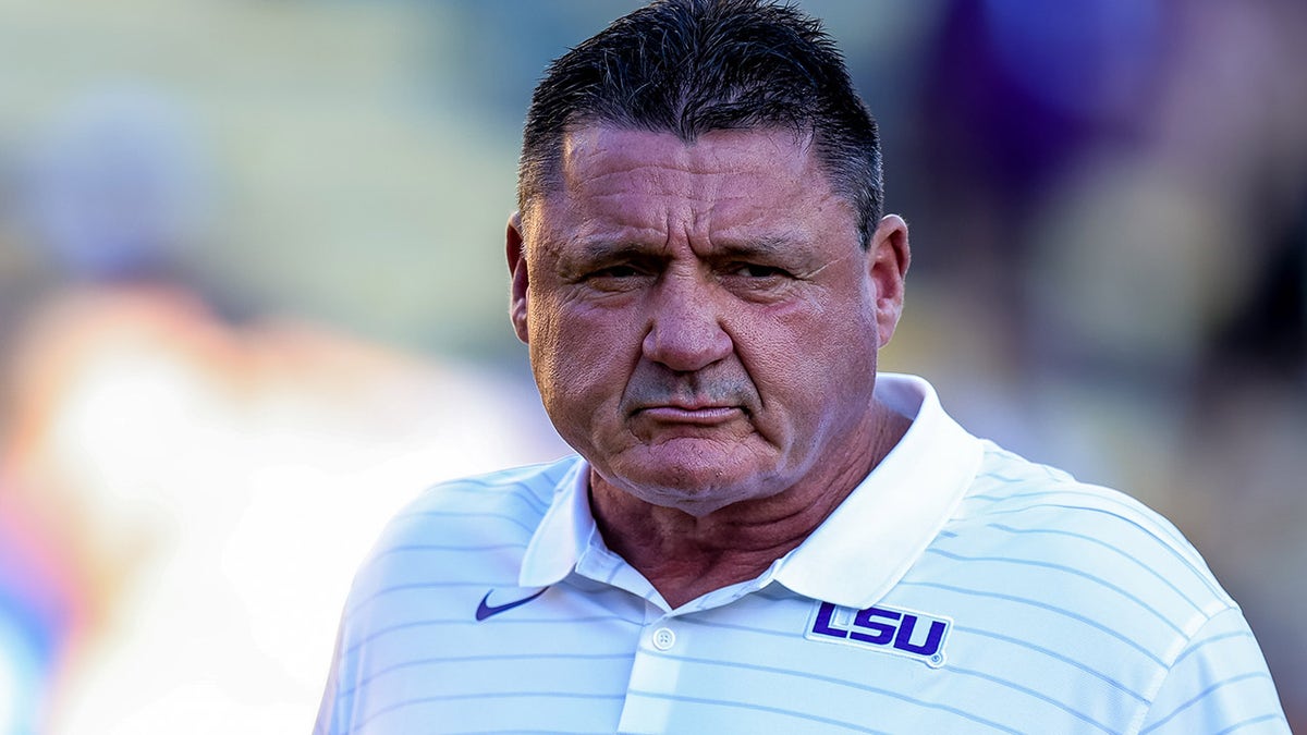 LSU Tigers head coach Ed Orgeron looks on against Central Michigan Chippewas during the first half at Tiger Stadium.