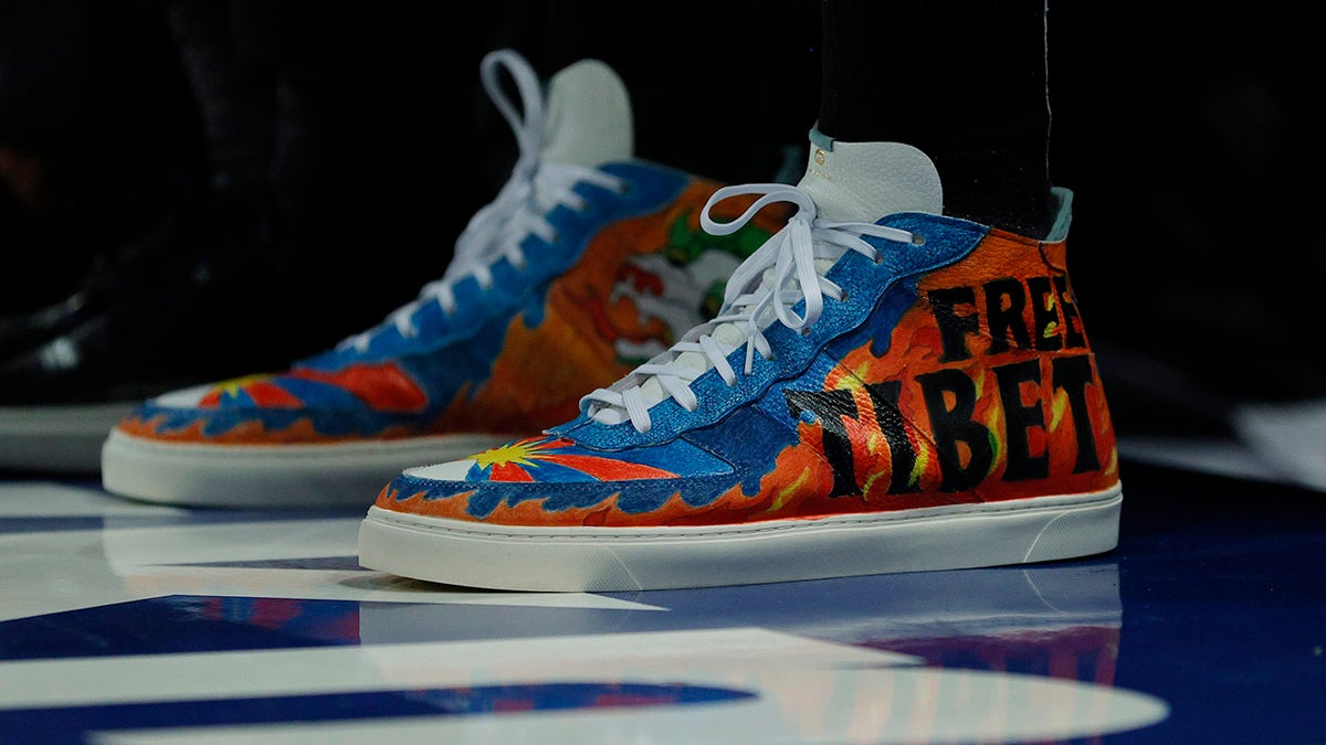 Detail of the shoes worn by Enes Kanter #13 of the Boston Celtics with the wording "Free Tibet" during the first half against the New York Knicks at Madison Square Garden on October 20, 2021 in New York City.
