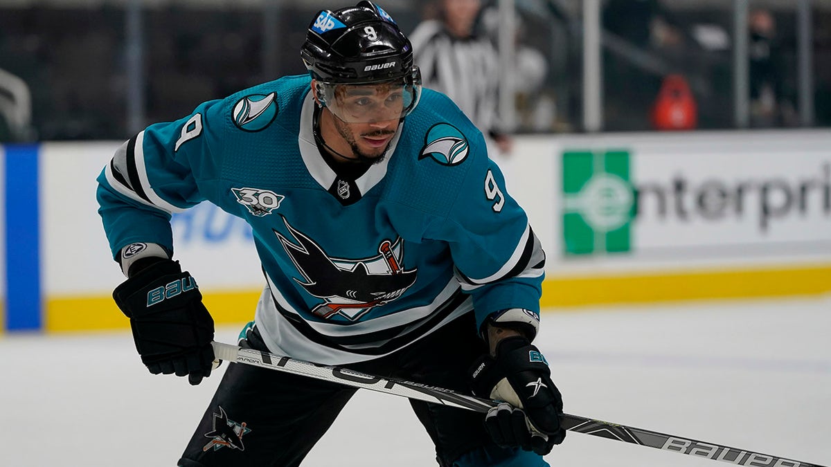 In this May 12, 2021, file photo, San Jose Sharks' Evander Kane (9) during an NHL hockey game against the Vegas Golden Knights in San Jose, Calif. The NHL has suspended Kane for 21 games for submitting a fake COVID-19 vaccination card. The league announced the suspension without pay on Monday, Oct. 18, 2021, and said Kane will not be eligible to play until Nov. 30 at New Jersey.