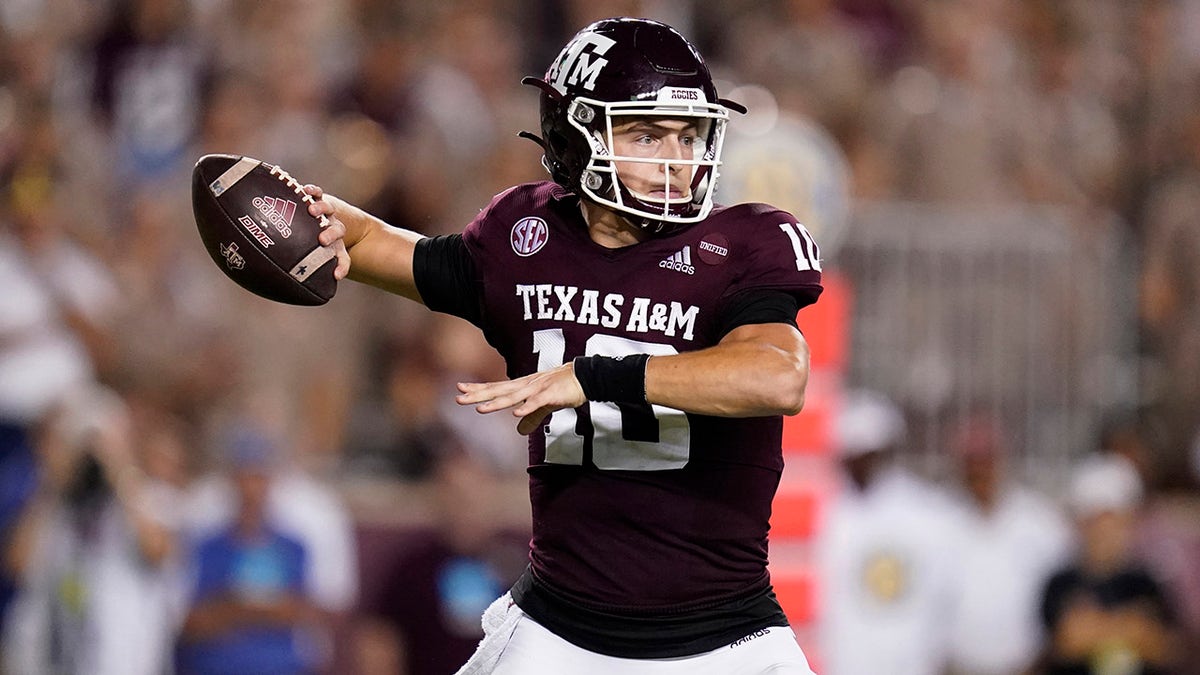Texas A&M quarterback Zach Calzada looks for a receiver during the first half of the team's NCAA college football game against Alabama on Saturday, Oct. 9, 2021, in College Station, Texas.