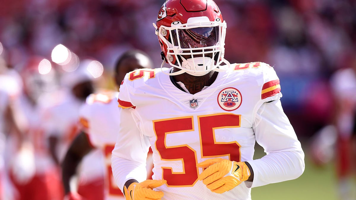Frank Clark #55 of the Kansas City Chiefs warms up before the game against the Washington Football Team at FedExField on October 17, 2021 in Landover, Maryland.