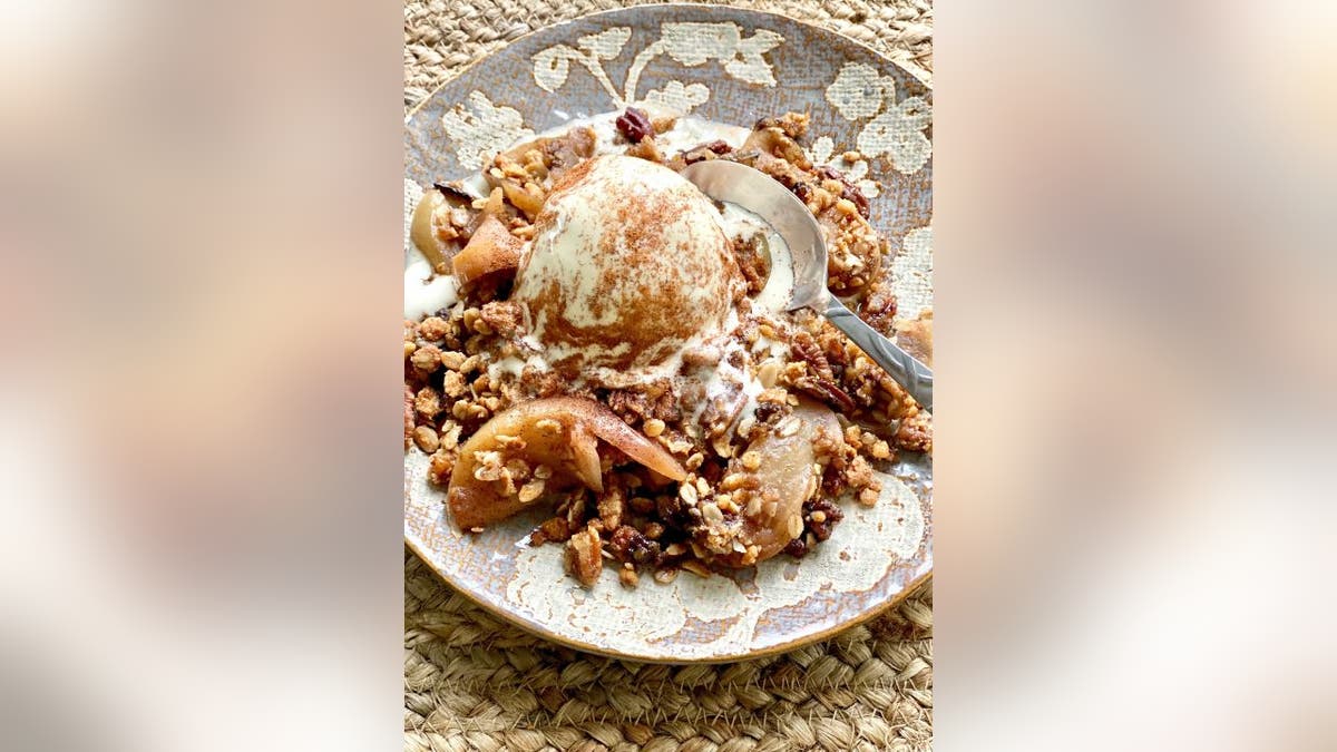When done, the apple crisp can be served with vanilla ice cream.