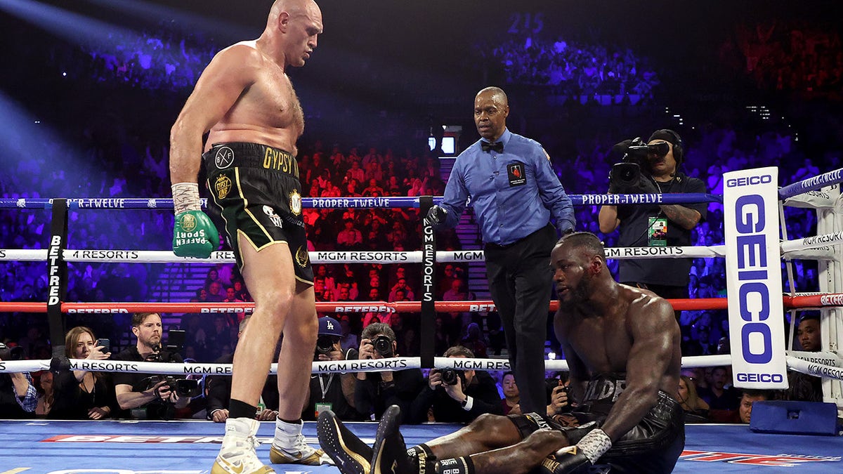Tyson Fury knocks down Deontay Wilder in the fifth round during their Heavyweight bout for Wilder's WBC and Fury's lineal heavyweight title on Feb. 22, 2020 at MGM Grand Garden Arena in Las Vegas.