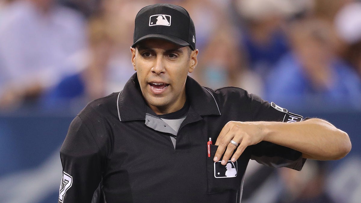 Home plate umpire Gabe Morales during the Toronto Blue Jays' MLB game against the Boston Red Sox at Rogers Centre on August 9, 2018 in Toronto, Canada.
