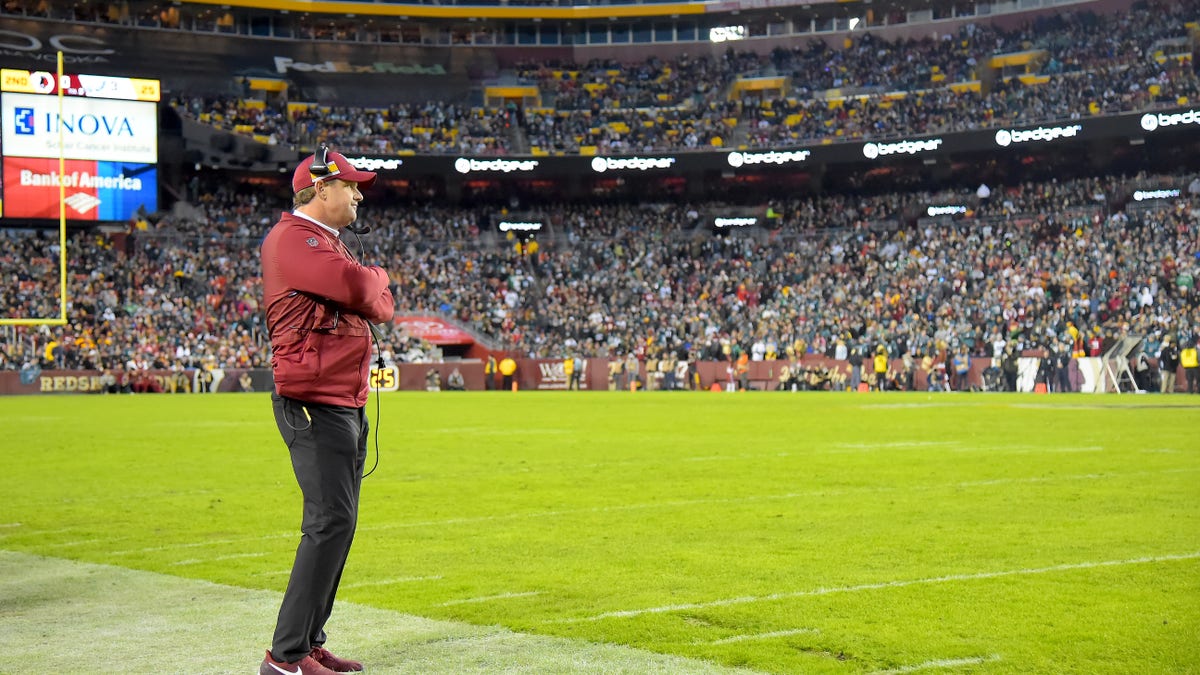 Head coach Jay Gruden of the Washington Football Team looks on during the first half against the Philadelphia Eagles at FedExField on December 30, 2018 in Landover, Maryland.