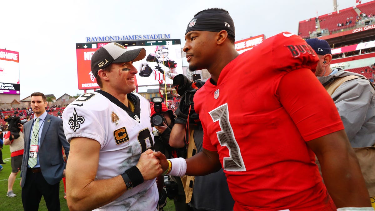 TAMPA, FLORIDA - DECEMBER 09: Drew Brees #9 of the New Orleans Saints shakes hands with Jameis Winston #3 of the Tampa Bay Buccaneers after the Saints defeated the Bucs 28-14 at Raymond James Stadium on December 09, 2018 in Tampa, Florida. (Photo by Will Vragovic/Getty Images)