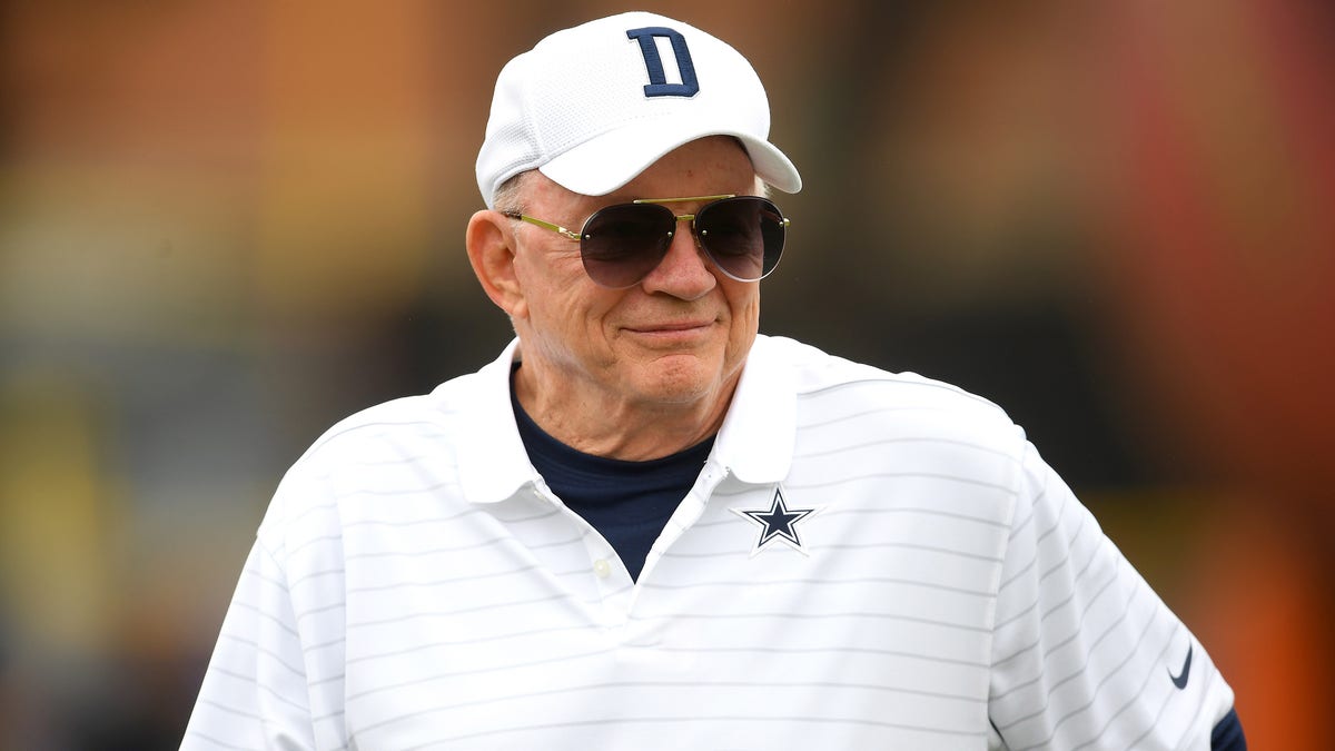 OXNARD, CA - JULY 24: Owner Jerry Jones of the Dallas Cowboys attends training camp at River Ridge Complex on July 24, 2021 in Oxnard, California. (Photo by Jayne Kamin-Oncea/Getty Images)