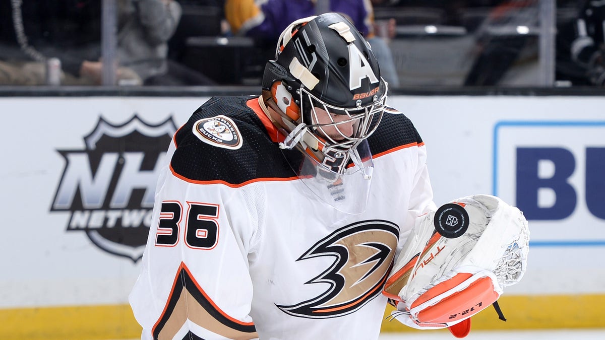 May 12, 2014 Anaheim, CA.Anaheim Ducks goalie John Gibson #36 before the  first period during the NHL Western Conference Second Round Playoff game 5  between the Los Angeles Kings and the Anaheim