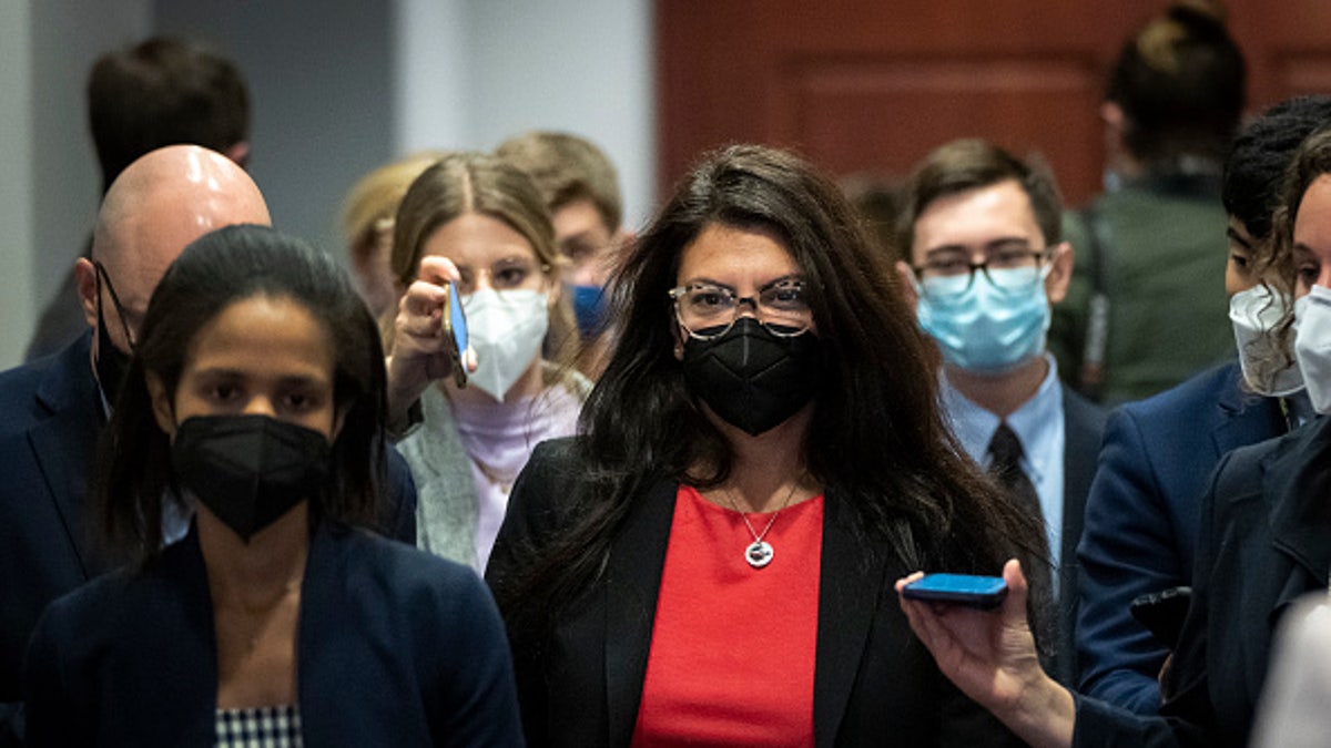 Rep. Rashida Tlaib, D-Mich., leaves a meeting of progressive House Democrats at the Capitol in Washington on Oct. 28.