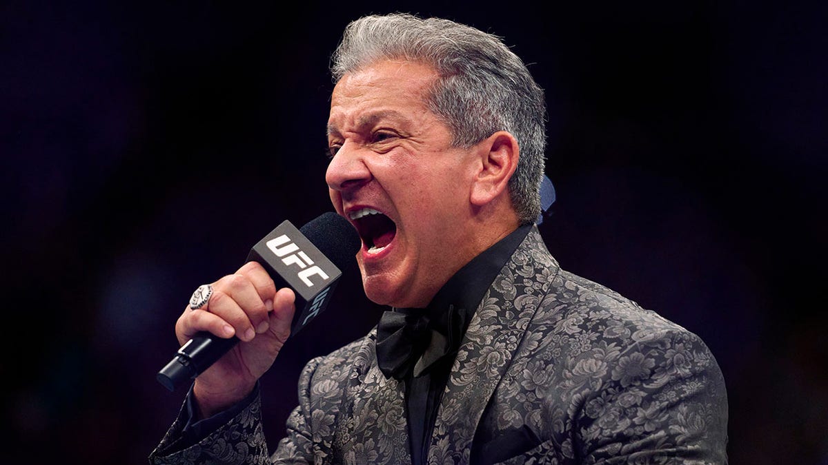 HOUSTON, TEXAS - AUGUST 07: UFC Octagon Announcer Bruce Buffer introduces the interim heavyweight title bout during the UFC 265 event at Toyota Center on August 07, 2021 in Houston, Texas.
