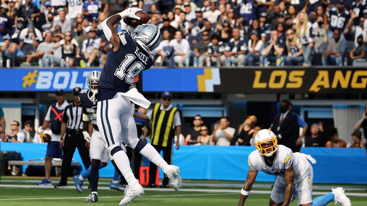 Strong safety Damontae Kazee #18 of the Dallas Cowboys intercepts the ball on a first and goal play in the third quarter against the Dallas Cowboys at SoFi Stadium on Sept. 19, 2021, in Inglewood, California.