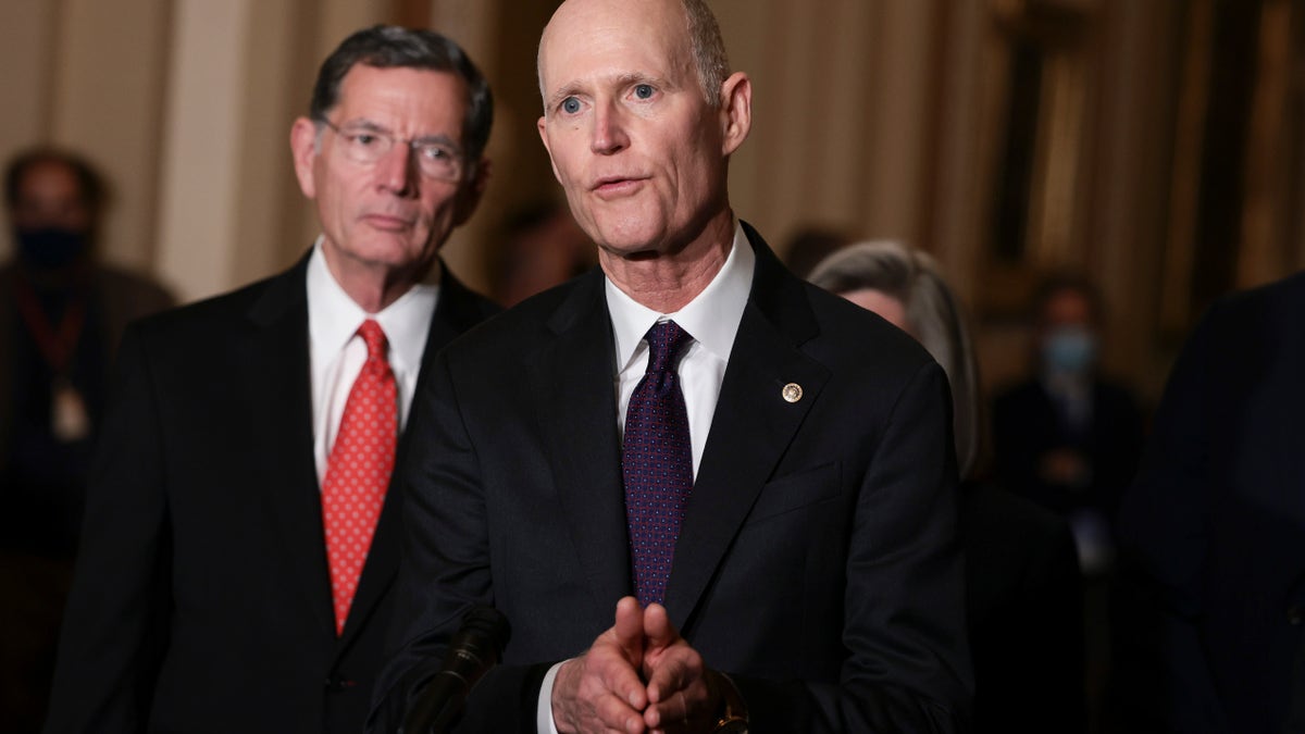 WASHINGTON, DC - OCTOBER 19: Sen. Rick Scott (R-FL) addresses reporters following a weekly Republican policy luncheon at the U.S. Capitol on October 19, 2021 in Washington, DC. Members of the Senate Republican leadership spoke on a range of topics including inflation, the 2022 midterm elections and the Internal Revenue Service. (Photo by Anna Moneymaker/Getty Images)