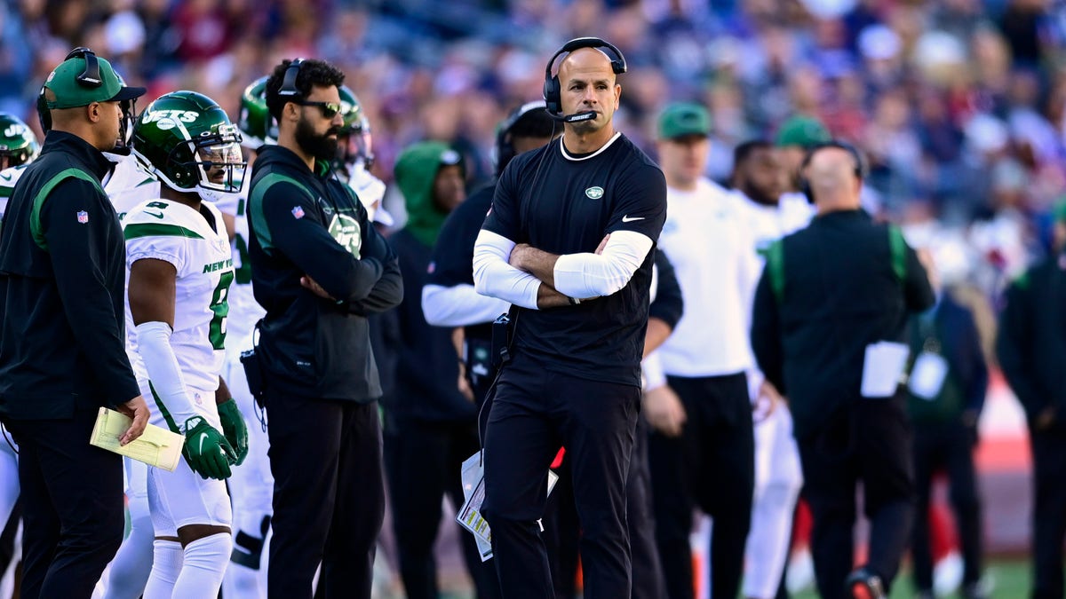 Head coach Robert Saleh of the New York Jets looks on during the first half in the game against the New England Patriots at Gillette Stadium on Oct. 24, 2021, in Foxborough, Massachusetts.