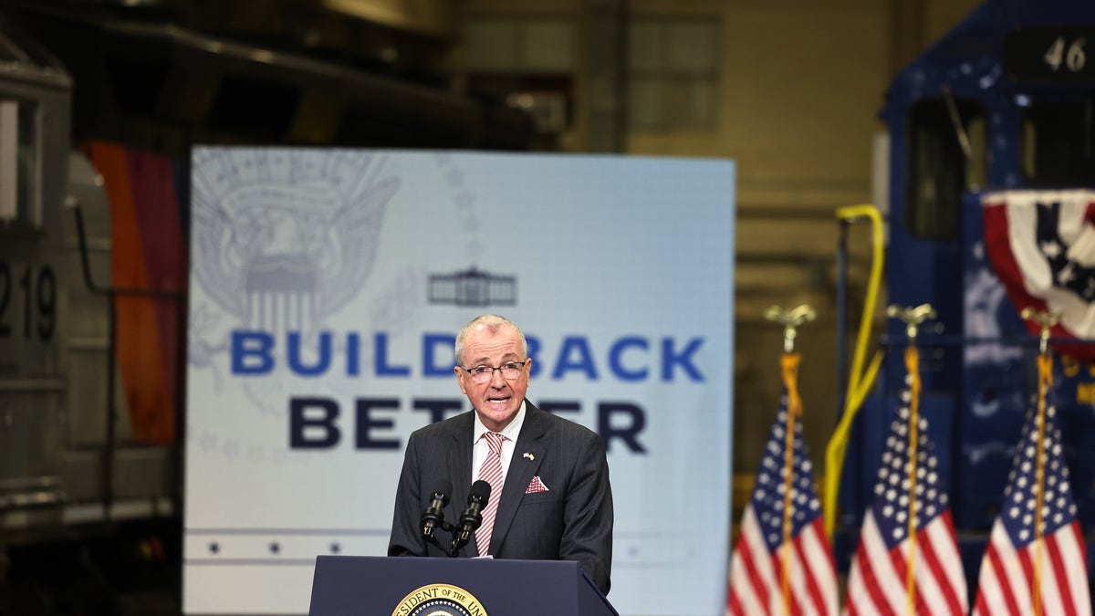 KEARNY, NEW JERSEY - OCTOBER 25: Murphy speaks about Biden's Bipartisan Infrastructure Deal and Build Back Better Agenda at the NJ Transit Meadowlands Maintenance Complex on October 25, 2021. (Photo by Michael M. Santiago/Getty Images)